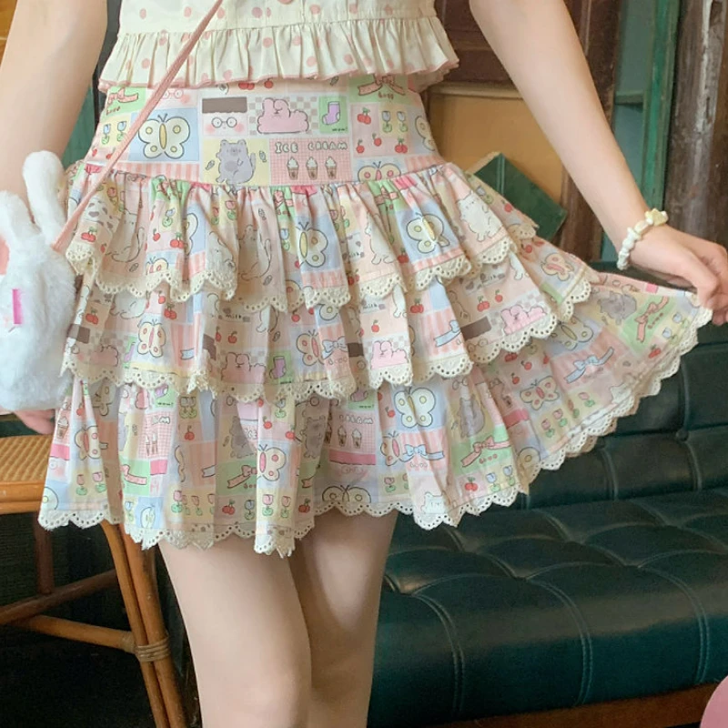 Sweet Lolita Style Cake gonna donna Kawaii cutton Butterfly Print gonne a pieghe Gothic Y2k Girls Short Fairy Party minigonne