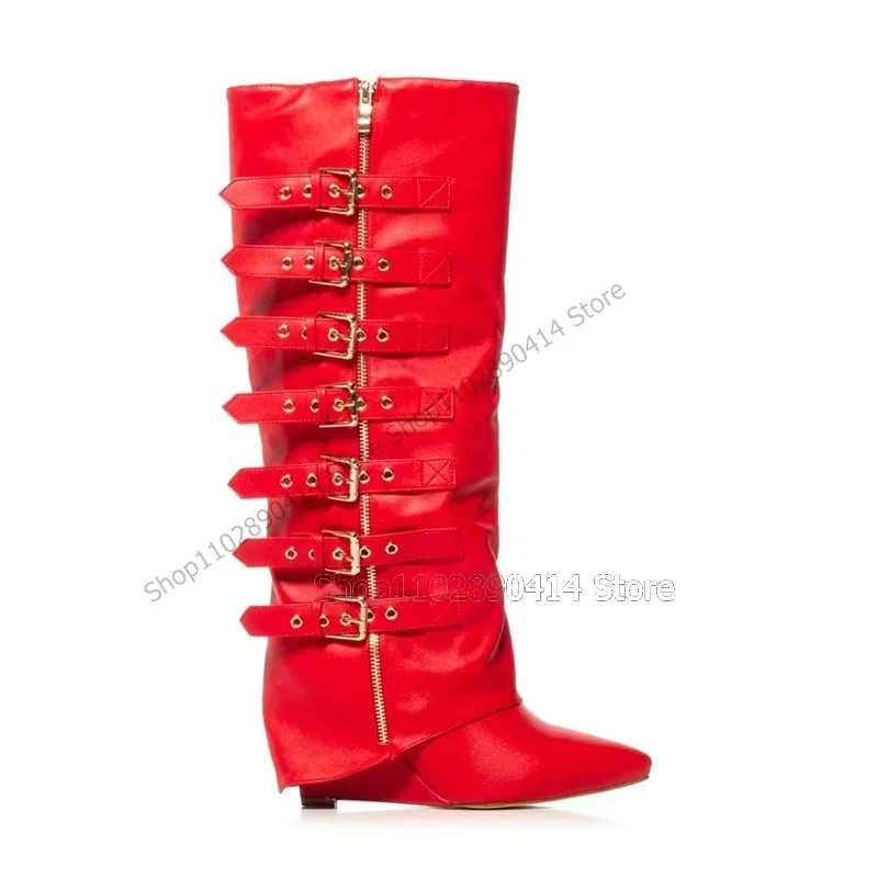 

Red Belt Fastener Decor Turned Over Pointy Toe Boots Slip On Women Shoes Wedges Heels Novel Fashionable 2023 Zapatos Para Mujere