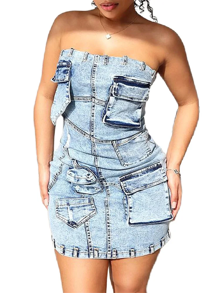 Benuynffy-Robe courte en denim cargo pour femme, streetwear sexy, fermeture éclair Y2K, poches arrière, batterie con, mini robes sans bretelles, été 2024