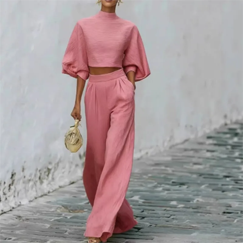 Fashion O-neck Short Top + Wide Leg Pant Two Piece Set Women's Casual Solid Outfits Elegant Hight Waist Pocket Loose Party Suit