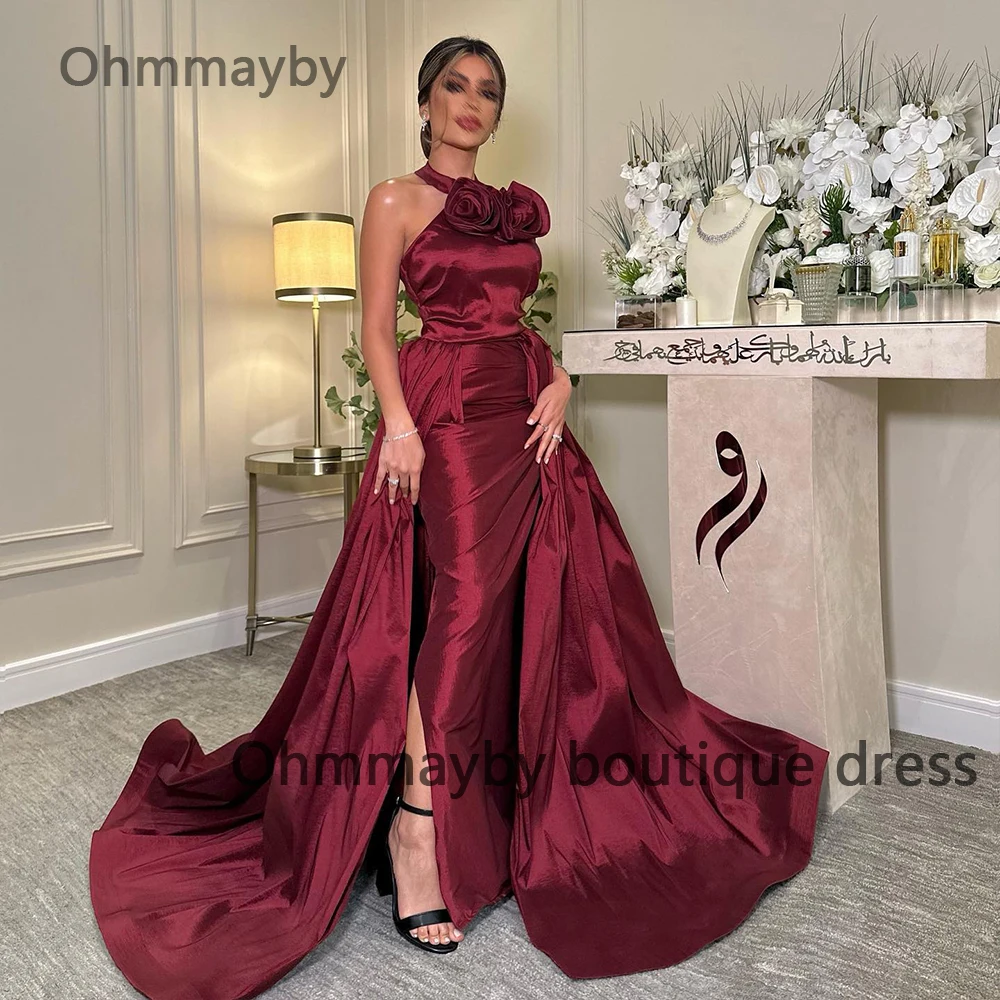 

Burgundy Taffeta Mermaid Evening Dresses for Women Halter Arabian Dubai Prom Dress with Slit Train Long Wedding Party Gowns