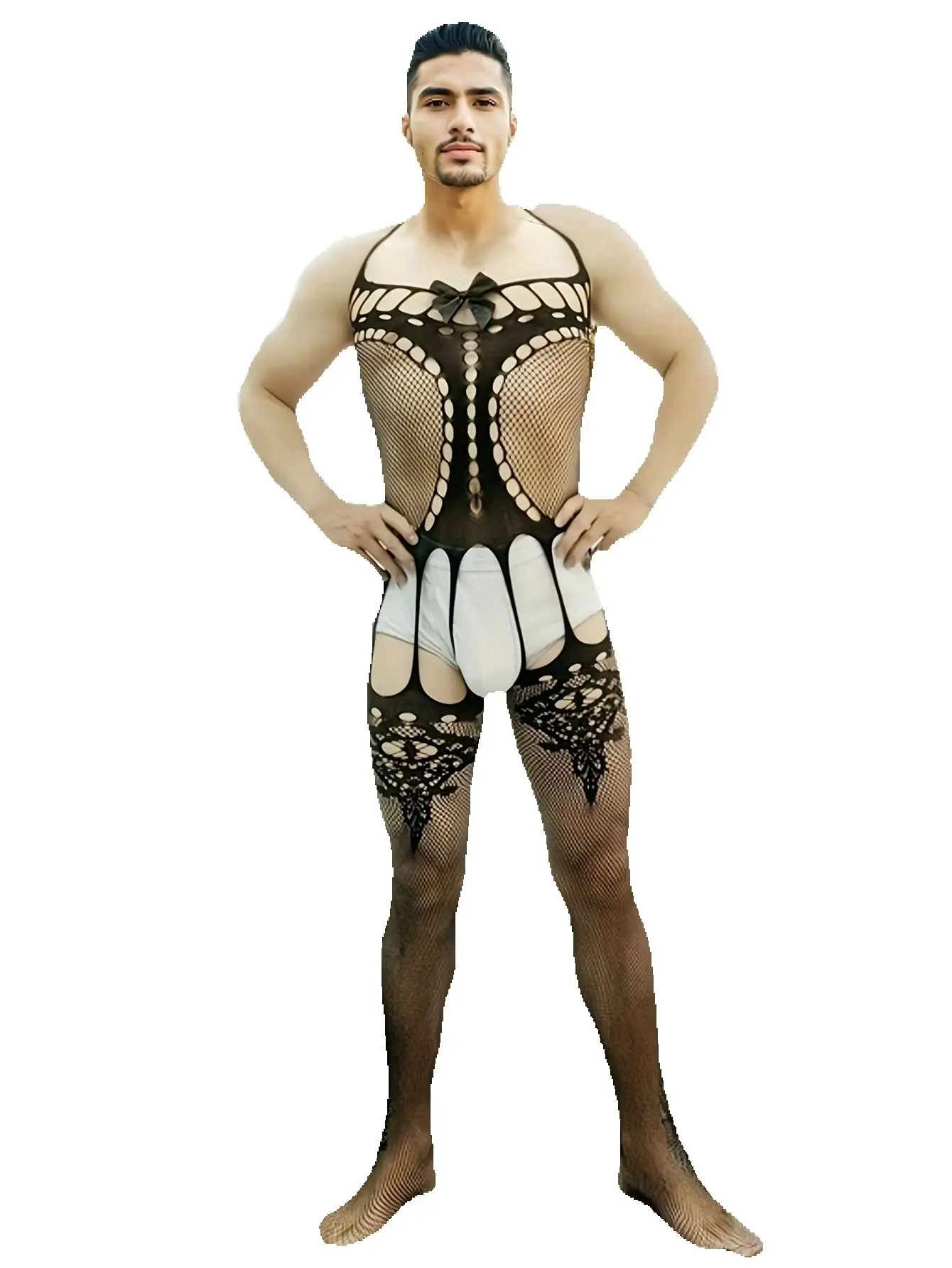 

Мужское соблазнительное белье: цельный комбинезон-сетка с бахромой на шее, полностью открытое, для сна и отдыха