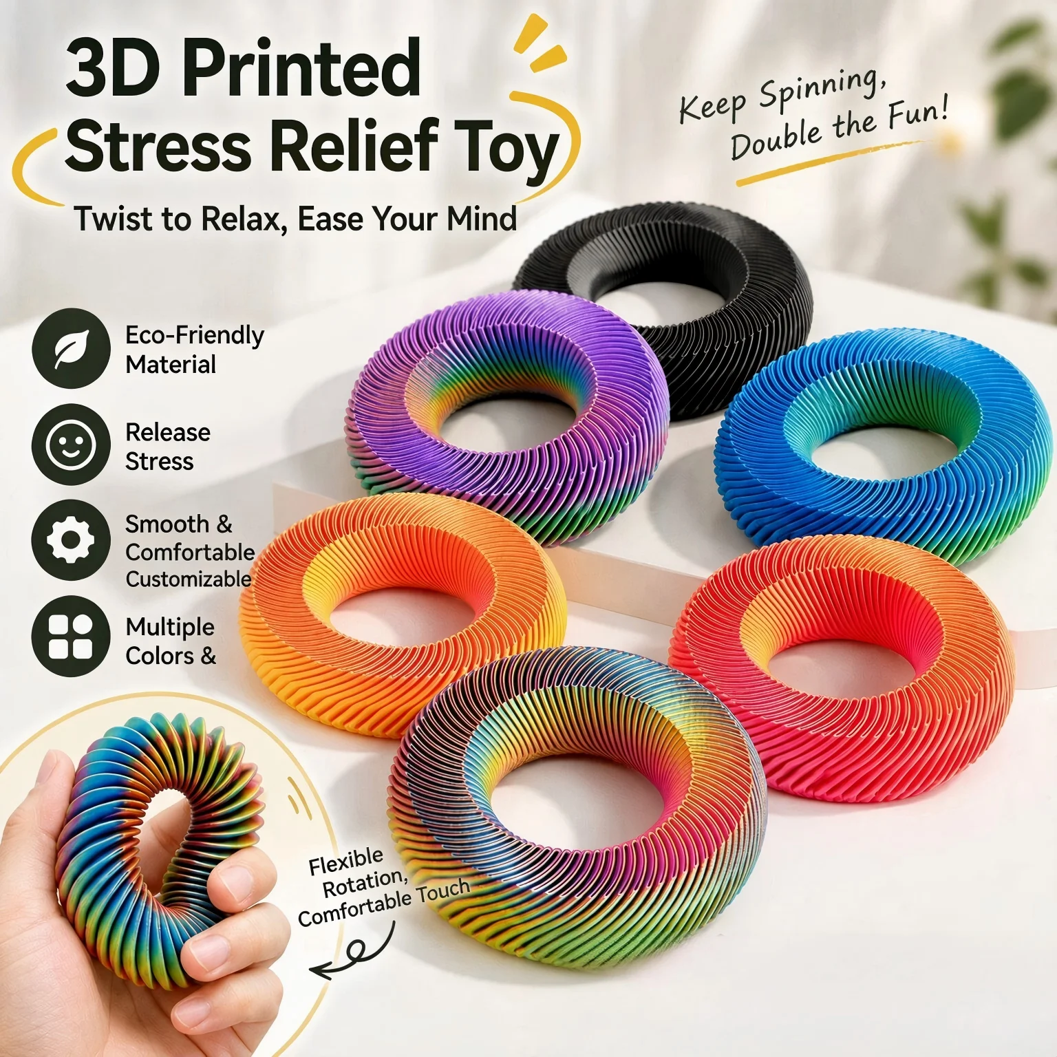 Flexible 3D Printed Spring Ring Fidget Toy Stretchable Spiral Telescopic Sensory Toy Stress Relief Hand Toy Party Favor Gift