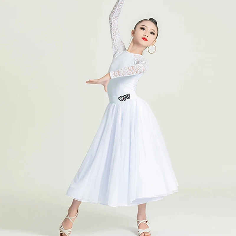 الأزرق قاعة الرقص فستان رقص الفتيات الفالس الأداء الحديث الزي الدانتيل كم يوتار تنورة مجموعة فستان المنافسة القياسية VDB7971