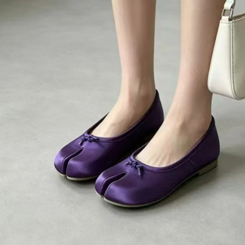 Purple Satin Women's Shoes Soft-soled Pig's Feet Split-toed Women's Elegant Style Ballet Mary Jane Single Flat Bottom Shoes