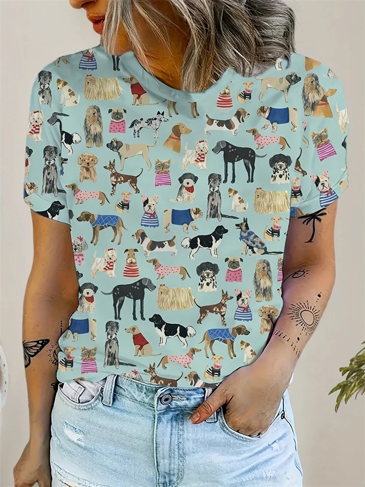 

Новая летняя женская футболка с принтом собаки, повседневная футболка с коротким рукавом 3d, уличная съемка, пуловер с круглым вырезом, большой размер, женский