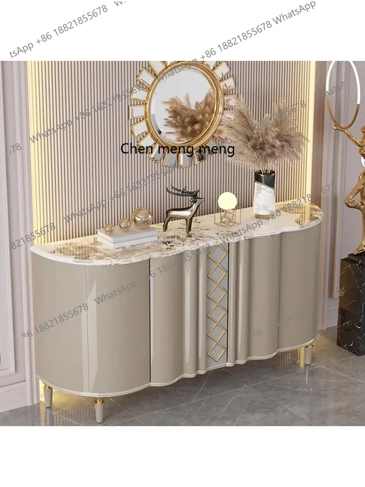 

D178 Italian-Style Light Luxury Sideboard Cabinet Solid Wood Entrance Cabinet Hallway Stone Plate Highlight Paint Curved Surfac
