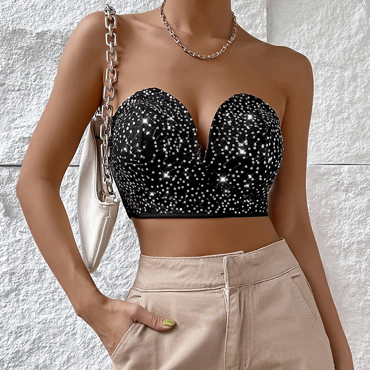 

Sequined Deep V Bare Shoulder Corset Crop Tops for Women Fashion Sleeveless Tank Top Summer Bustier Vest Slim Lingerie Camisole