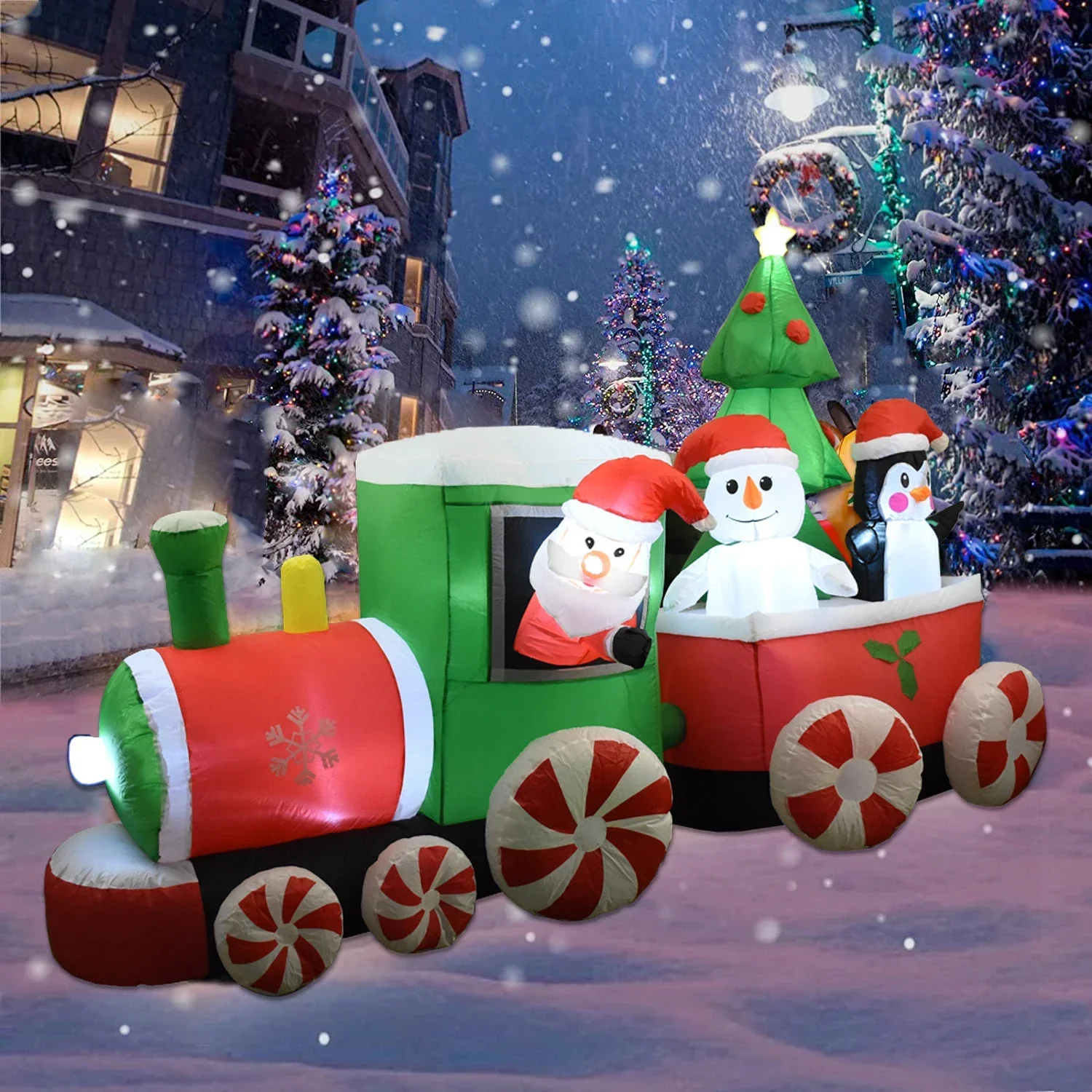 Inflatable Train Santa Claus Snowman Christmas Decoration Inflatable Toys with LED Lights Outdoor Yard Lawn Xmas Decor