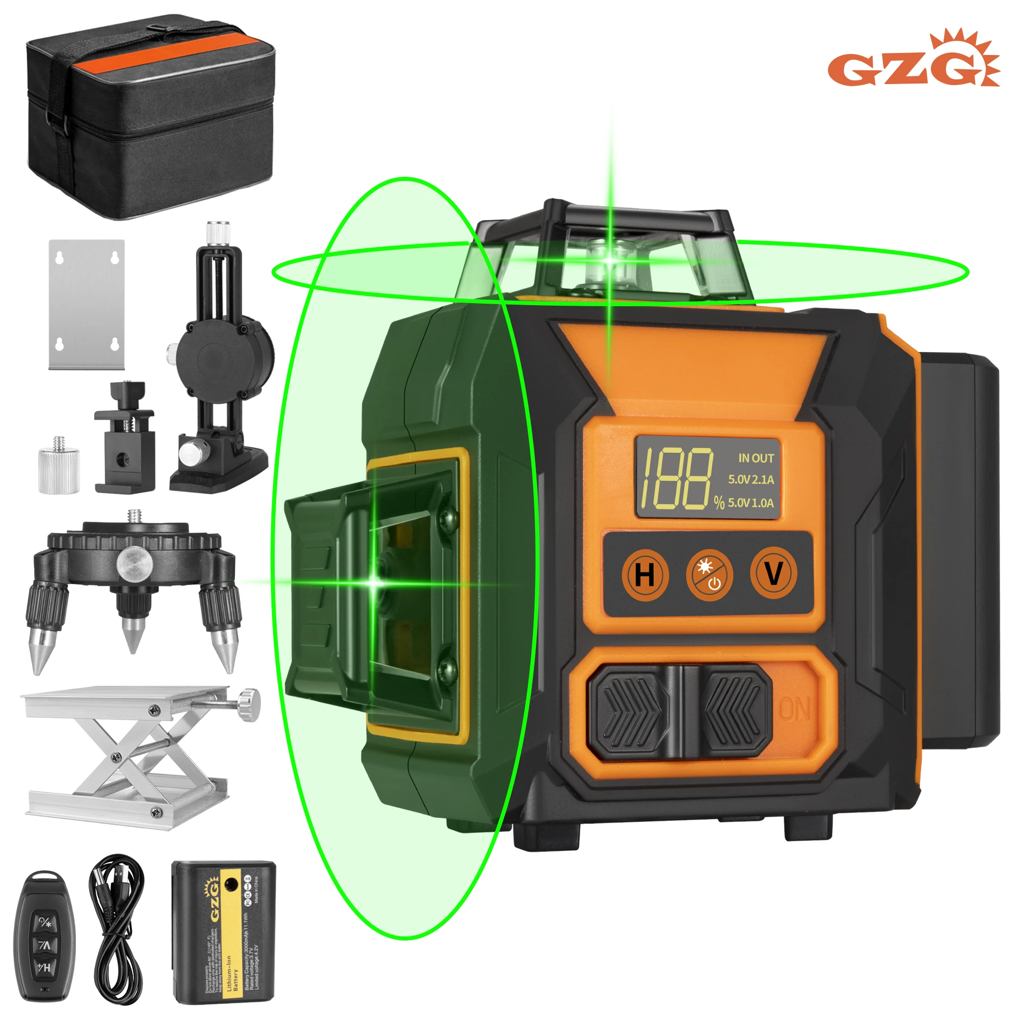 GZG 12-Line 3D Laser Level, Self-Leveling Rotary Laser, 360° Rotation, USB Rechargeable with Digital LCD Display