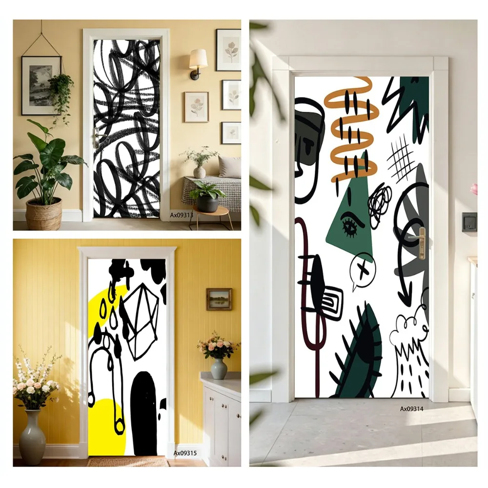Modern Abstract Line Art Doors Sticker Mural Self-adhesive Full Door Cover Decals Wallpaper Home Cabinets Wardrobe Decoration