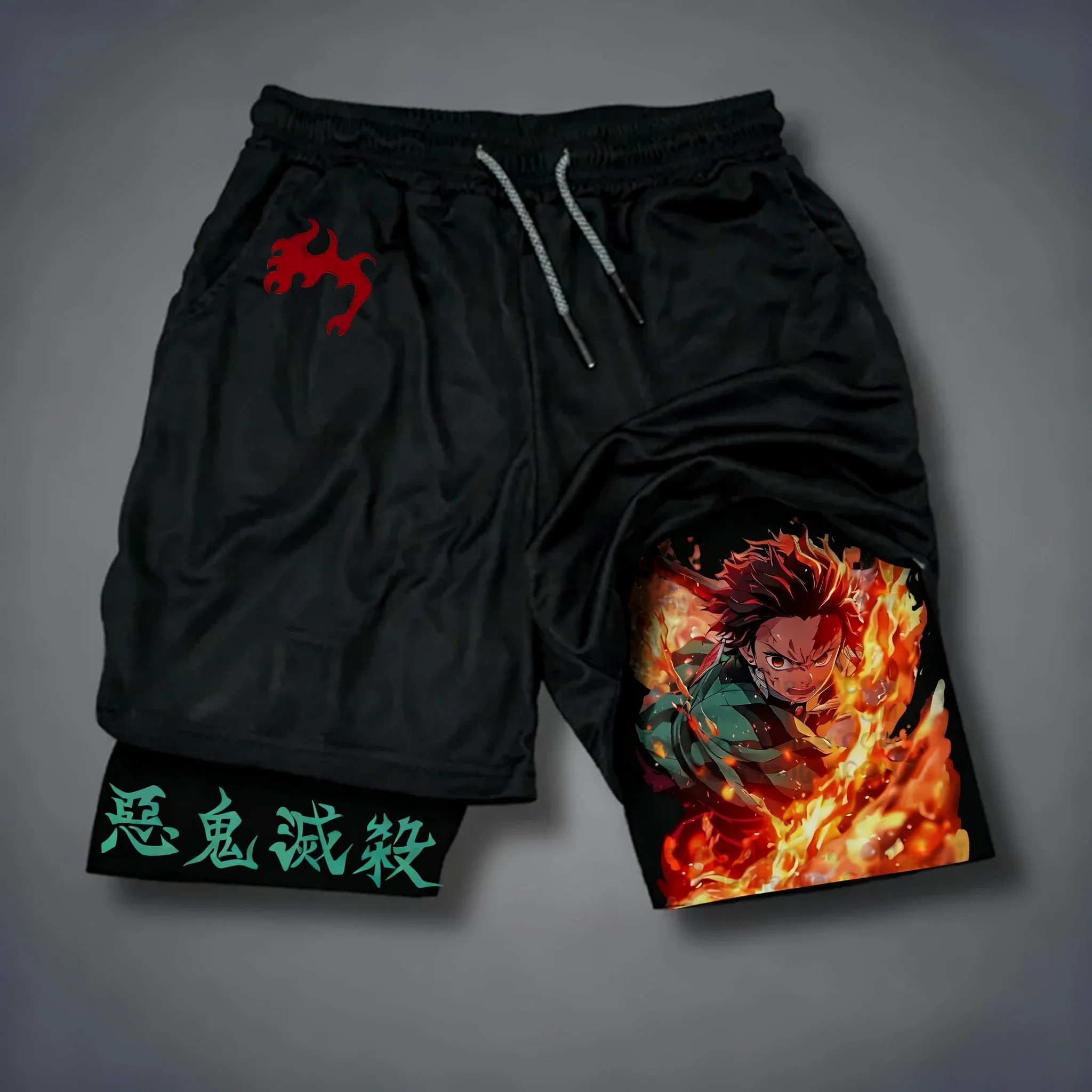 شيطان القاتل أنيمي طباعة السراويل مزدوجة الطبقات 2025 الصيف الأمريكية اللياقة البدنية الرياضة السراويل فضفاضة للرجال والنساء Ins #2