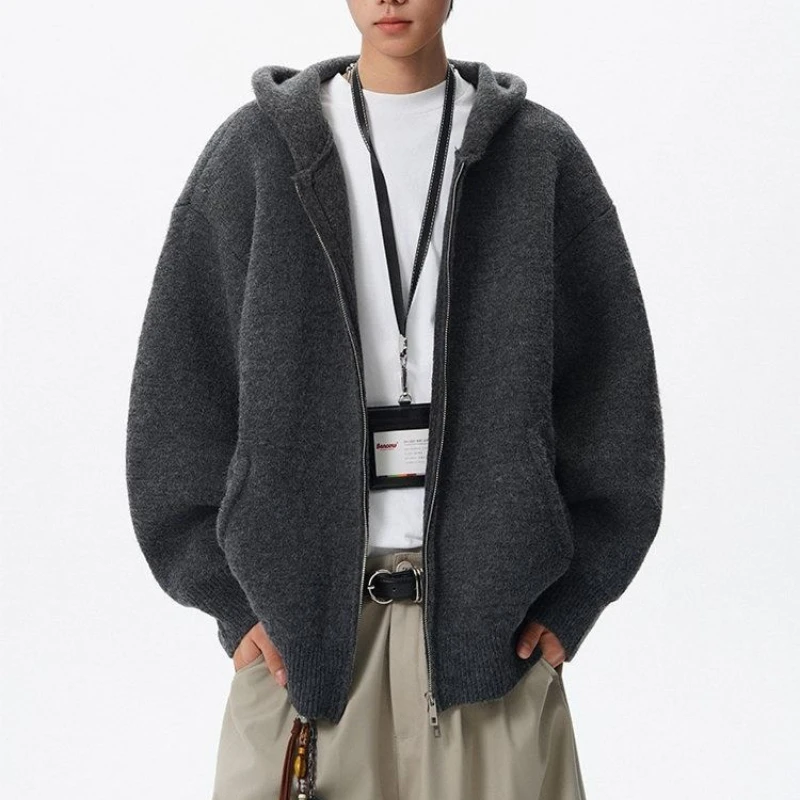 سترة صوفية بياقة من الفرو قابلة للفصل للرجال، سترة بغطاء للرأس بسحاب على الطراز الأمريكي العتيق، معطف دافئ محبوك