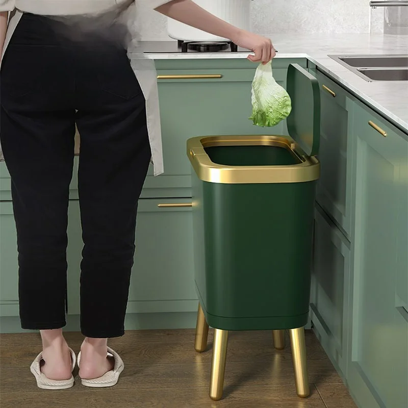 

Elegant Large Capacity Kitchen Living Room Trash Can High Foot Stand Home Use Waste Bin Square Shape Plastic Storage Bucket