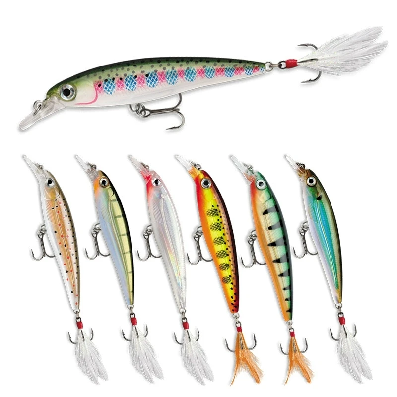 Luya False Bait 95mm/13g Floating Water Mino Tied Hair Hook Fishing for Sea Bass with Upturned Mouth