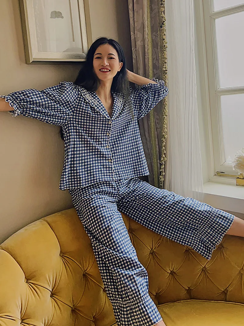 Women Blue Plaid Sweet Girls Sleepwear Fairy Cotton Vintage Spring Autumn Long Sleeve Princess Victorian Pajamas Two Piece Set