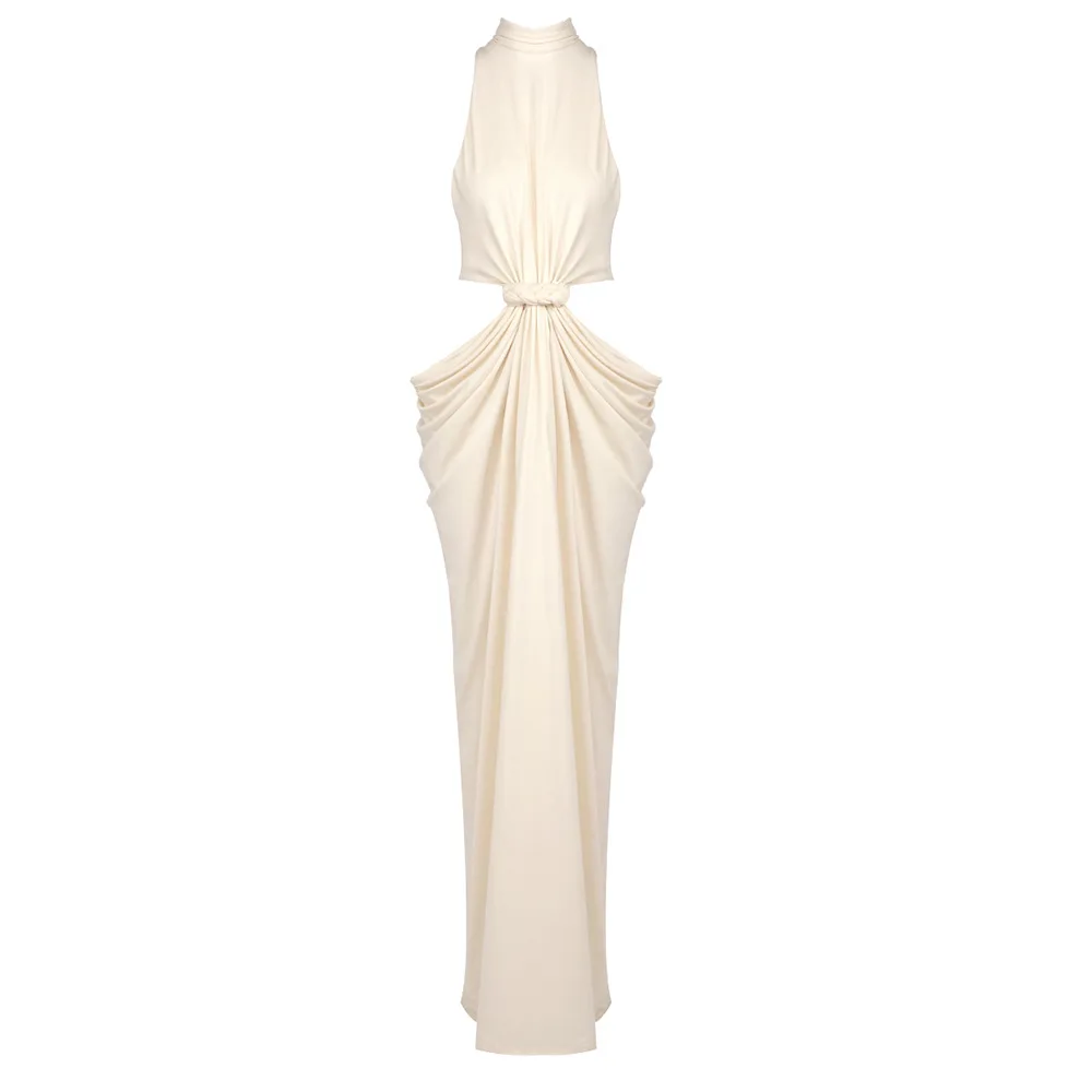 Abito lungo sexy a pieghe senza maniche con scollo tondo color albicocca, elegante abito da sera con nodo in vita ritagliato per gli invitati al matrimonio