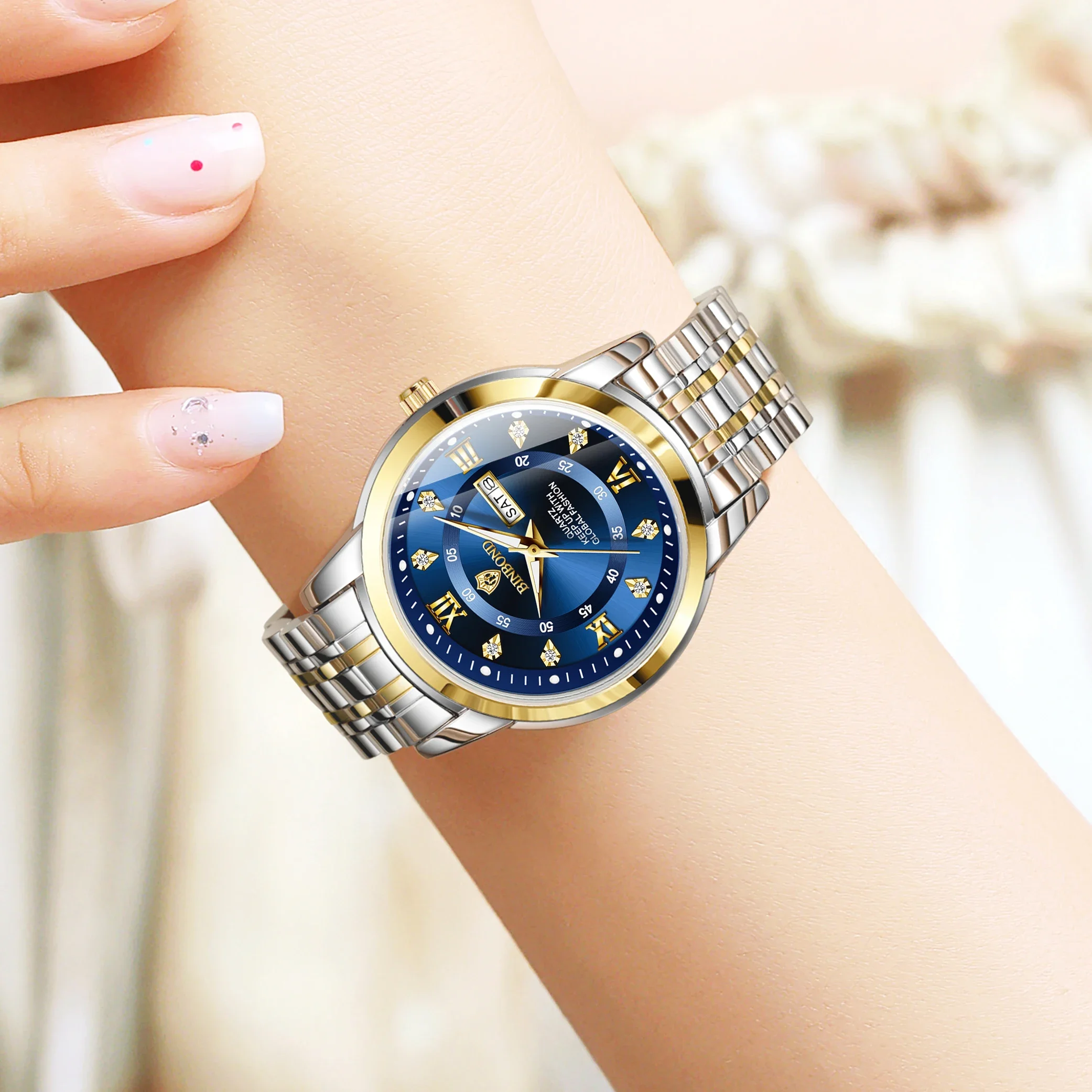 BINBOND B7169 최고급 브랜드 럭셔리 패션 비즈니스 여성용 쿼츠 시계 30M 방수 주간 날짜 표시 스포츠 여성용 손목시계