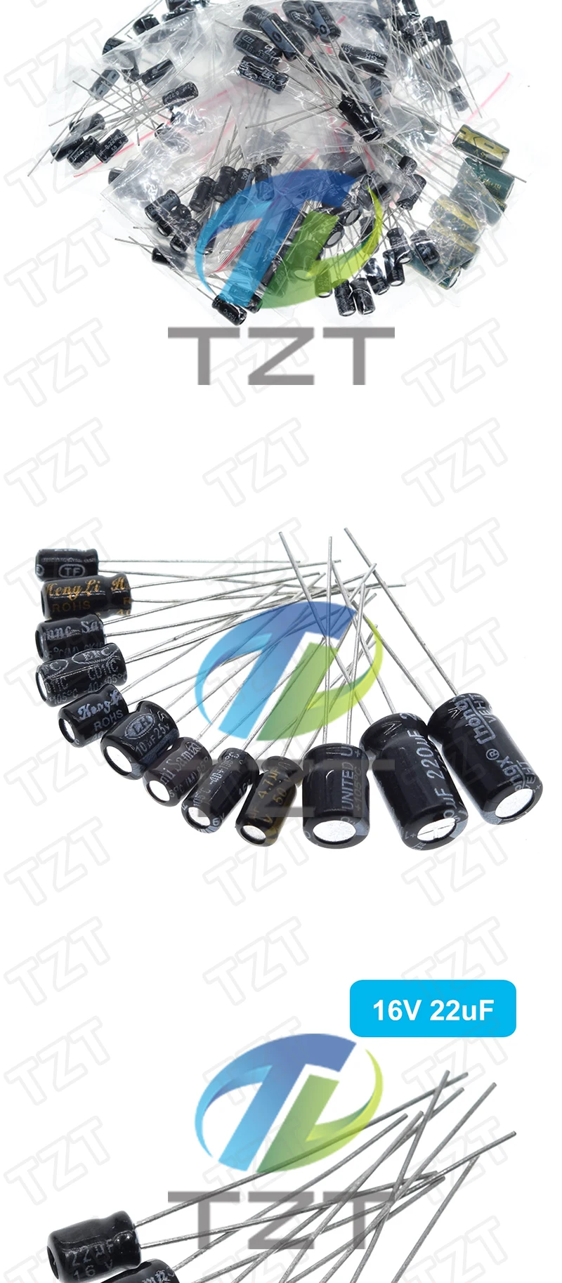 TZT 120pcs 12 value kit 1uF-470uF Electrolytic Capacitor Package 1UF 2.2UF 3.3UF 4.7UF 10UF 22UF 33UF 47UF 100UF 220UF