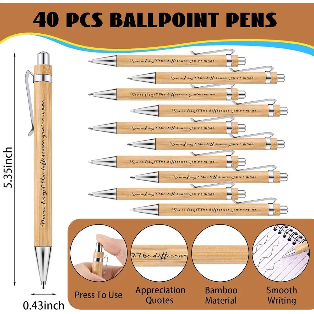 Inspirational Bamboo Pens & Spiral Notebooks with Sticky Notes: 40 Sets for Nurse, Teacher, Coworker Appreciation