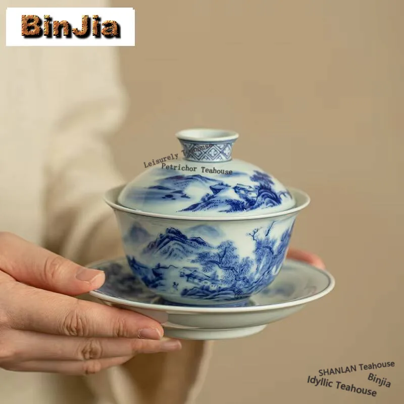 Handmade Landscape Gaiwan Antique Blue And White Respectful Tea Tureen Tea Maker Cover Bowl Tea Services Decoration Ornaments