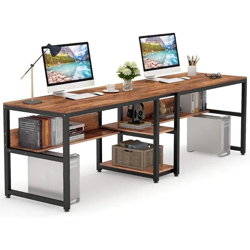 NEW.Two Person Desk with Bookshelf, 78.7 Computer Office Double Desk for Two Person, Rustic Writing Desk Workstation with Shelf