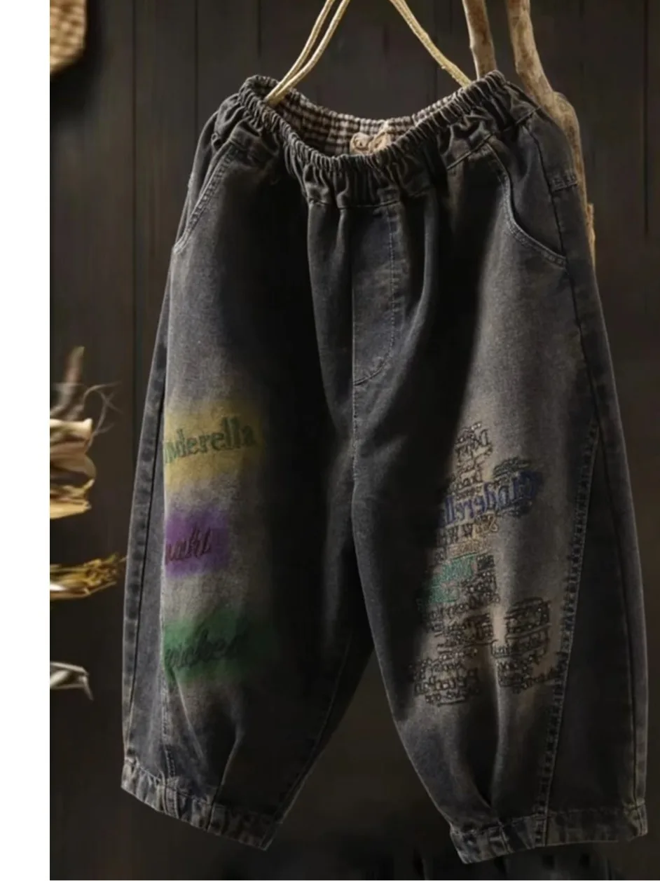 

Retro Washed Embroidered Denim Mid-Length Pants Loose Wide Leg Harlan Women's Casual Cotton Black Summer Spring Ladies Jeans