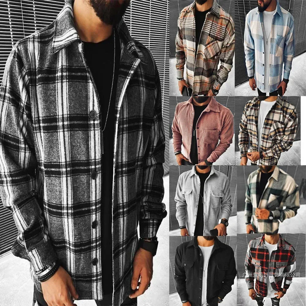 Men Plaid Shirt Spring Fashion Large Size Pockets Long Sleeve Top Turn-down Collar Single-breasted Shirts