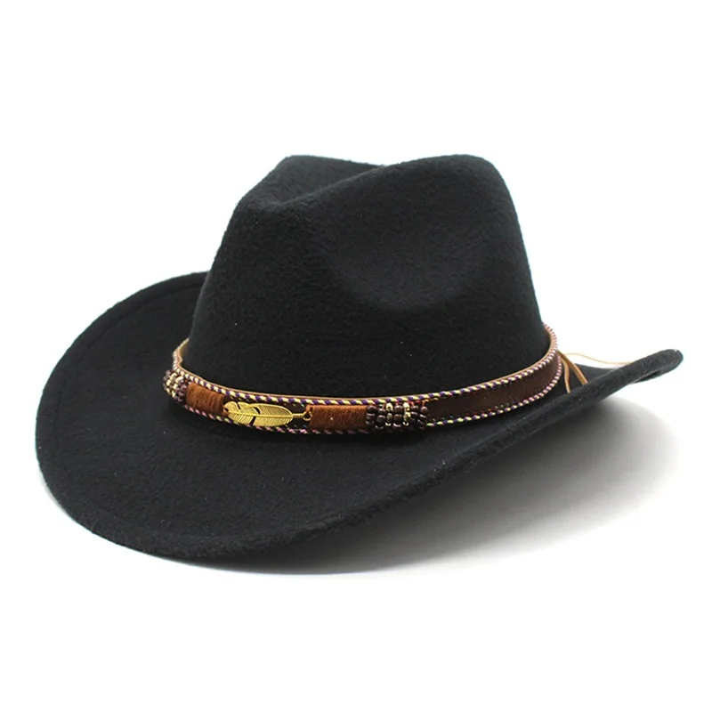 

Women Men Cowgirl Hat Cowboy Hat Adults Western Wide Brim Cap Fedora Hat with Metal Feather Decoration Headwear for Fancy Dress