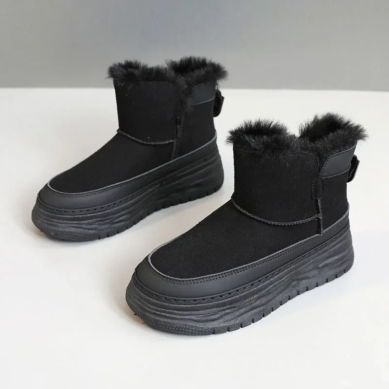 New 2024 Winter Padded Snow Boots Women Solid Color Mid-top Heightened Casual Platform Shoes Warm Cotton Platform Women Boots