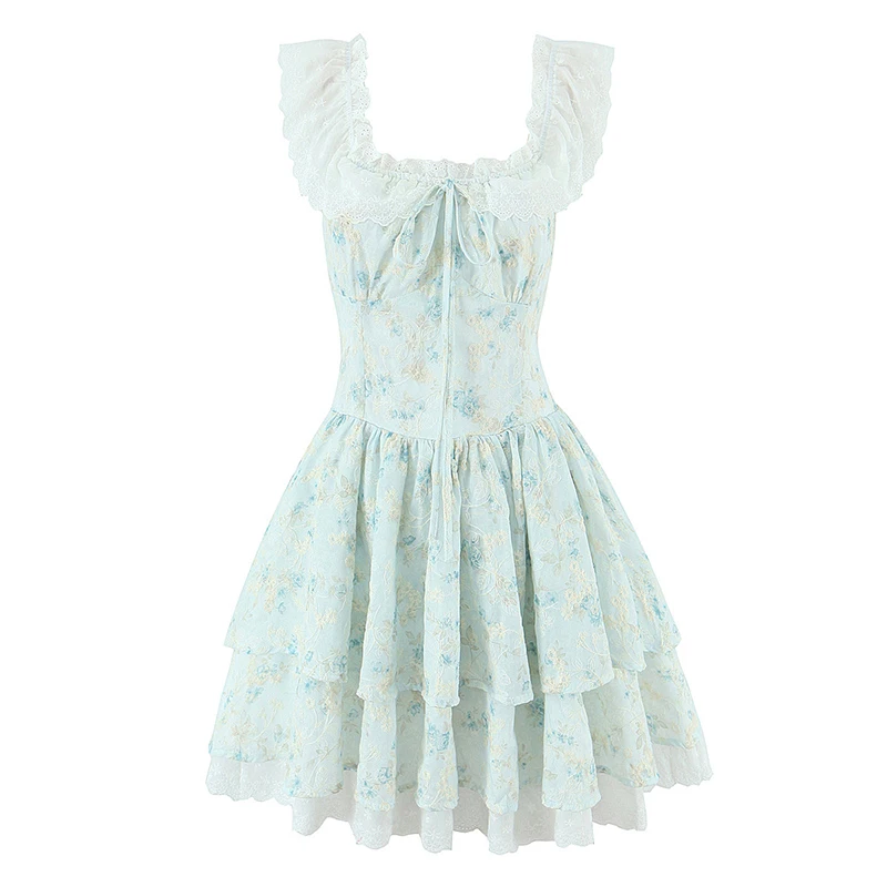 YENKYE Süßes Mädchen Spitze Gespleißt Blumendruck Tank Sommerkleid Frauen Niedrige Taille Rüschensaum A-Linie Minikleid Hübsche Dame Sommerkleid