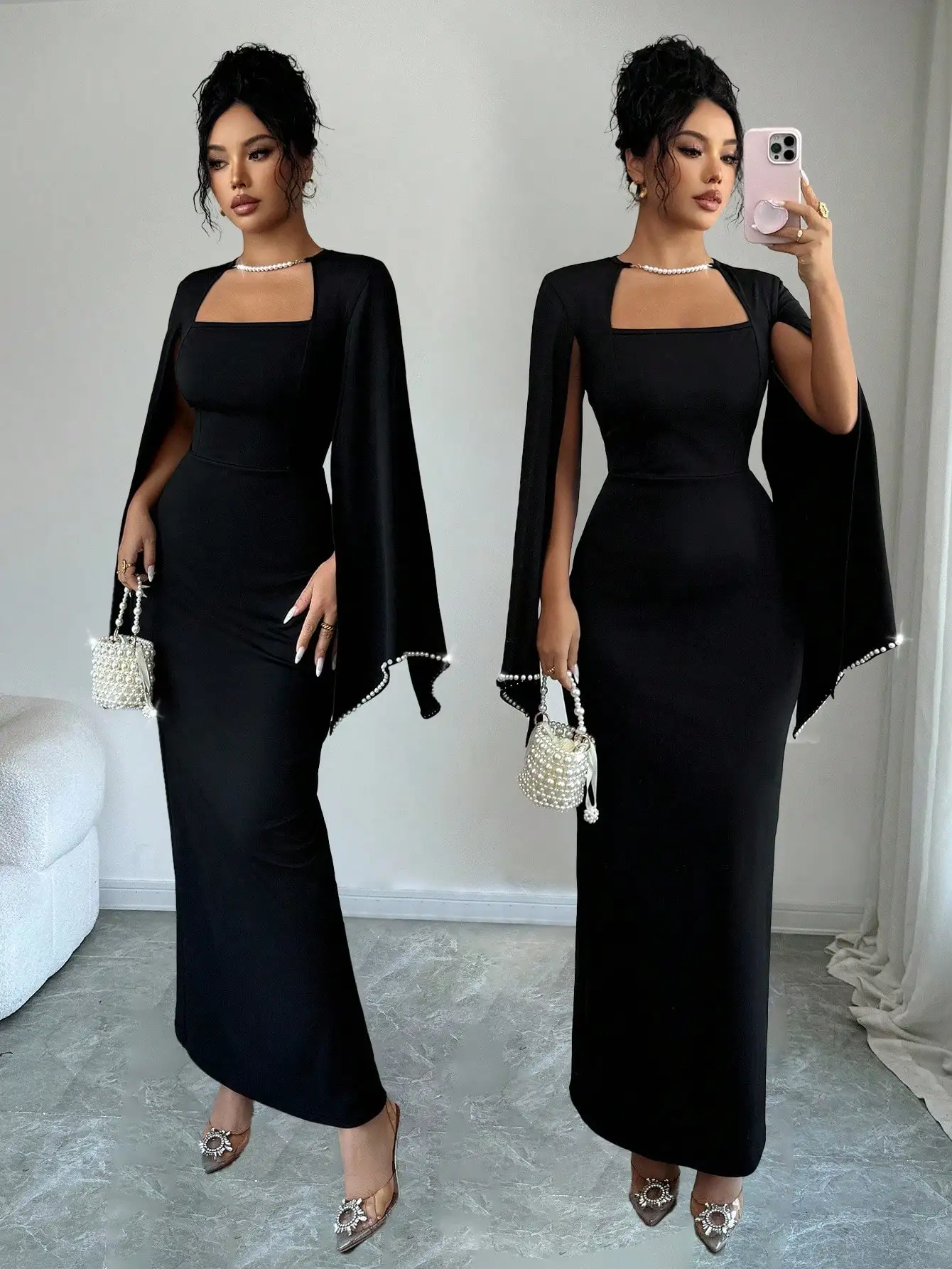 

Черное облегающее платье макси с квадратным вырезом, рукавами-накидками и жемчужной отделкой