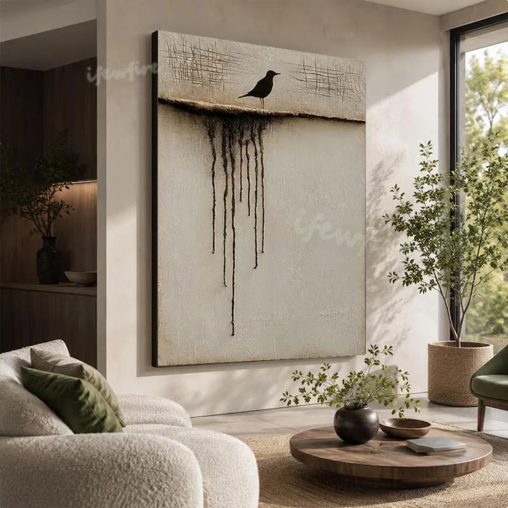 100% Handmade Modern Abstract Oil Painting on Canvas Unique Crow Wall Art Picture for Home Living Room Decor Image Artwork Gift