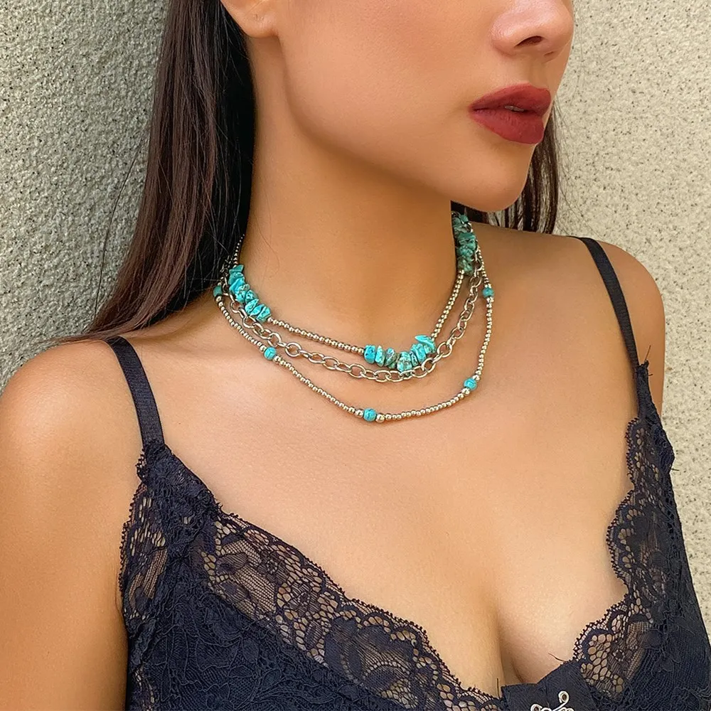 3Pcs/Set Multilayer Turquoise Natural Choker Necklace for Women 2023 Fashion Rice Bead Necklace Party Jewellery Gifts