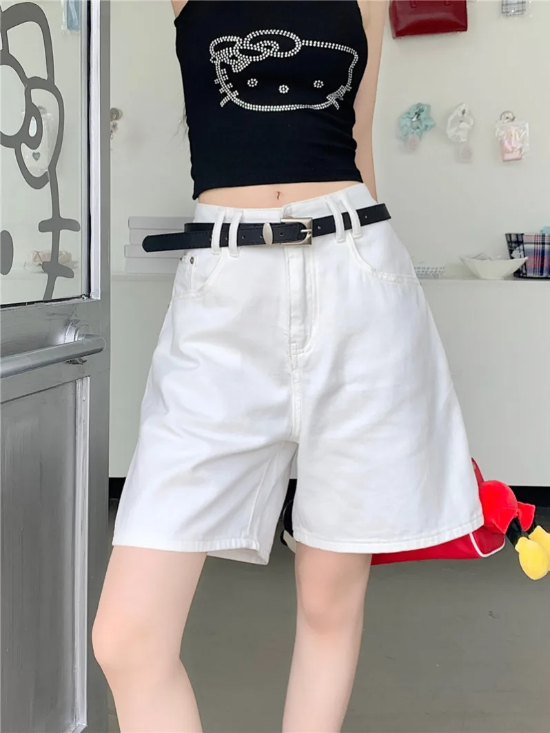 

Elegant High Waist White Denim Jeans Women's Fashion Spring Straight Leg Pants Slimming Mid-Length Casual Washed Cotton Blend