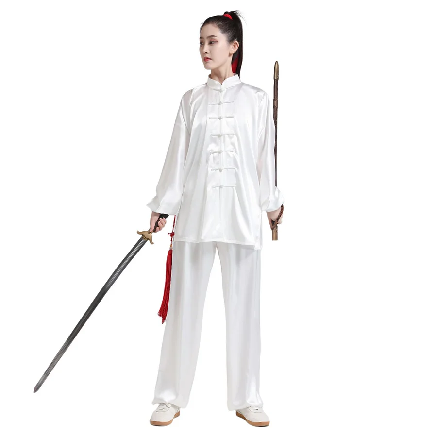 

Unisex Silk Satin Yaga Tai Chi Suit Women Chinese Style Stand Collar Kung Fu Wushu Martial Arts Uniform Pants Performance
