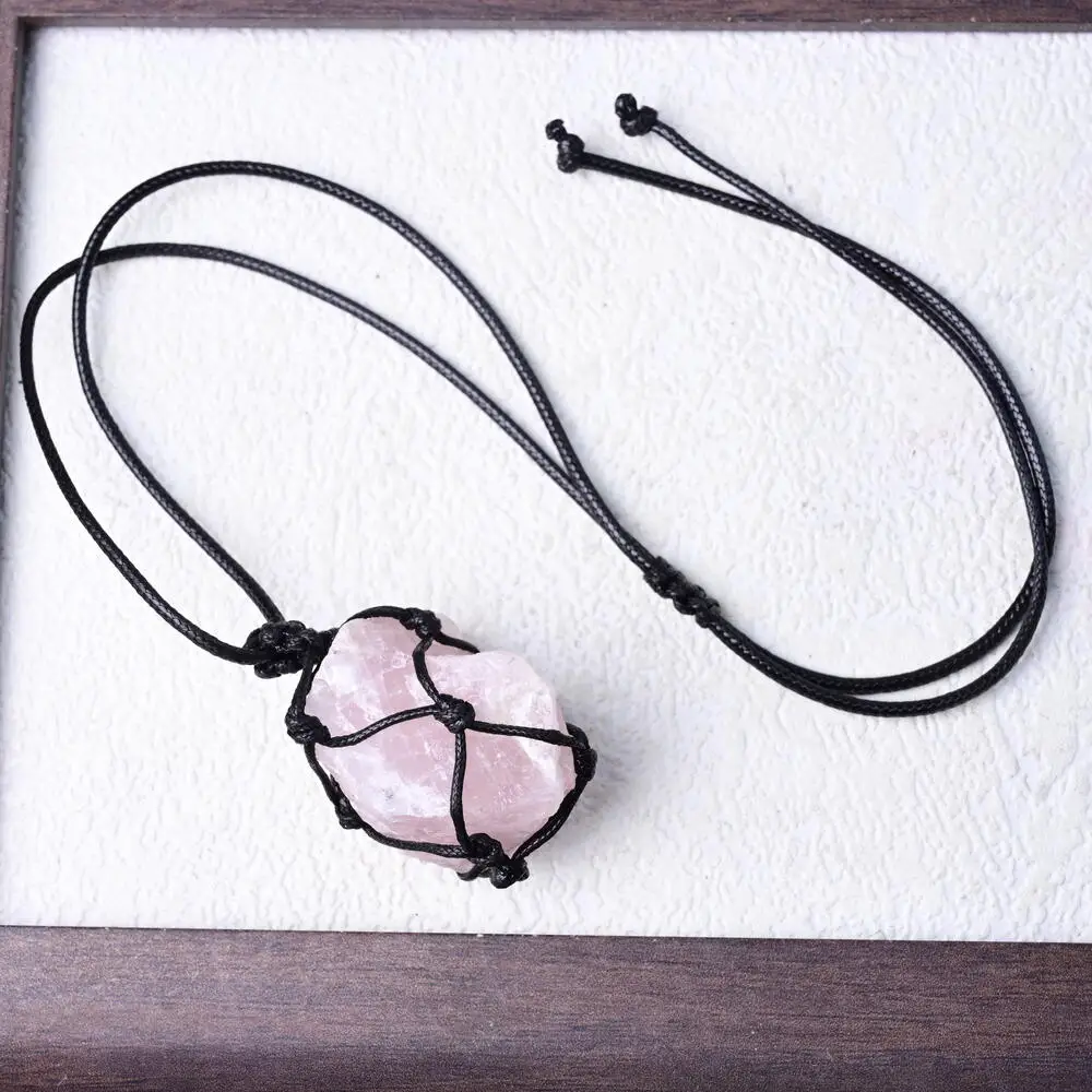 

Natural Irregular Rose Quartz Rough Stones Necklace Daily Wear Braided Rope Necklace Year-Round Best Gifts for Valentine's Day