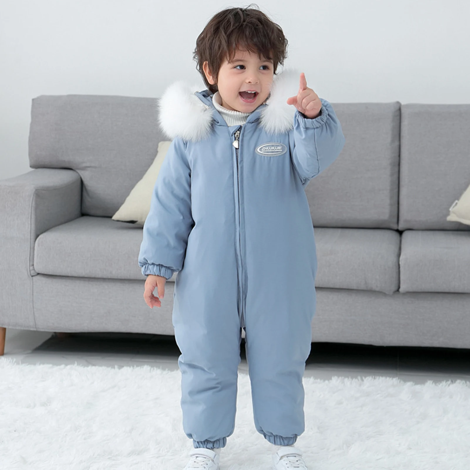 Snow Suits for Toddlers White Duck Down Babies Rompers with Hood Girls Boys Winter Warm Windproof Fur Collar Down Skiing Suits