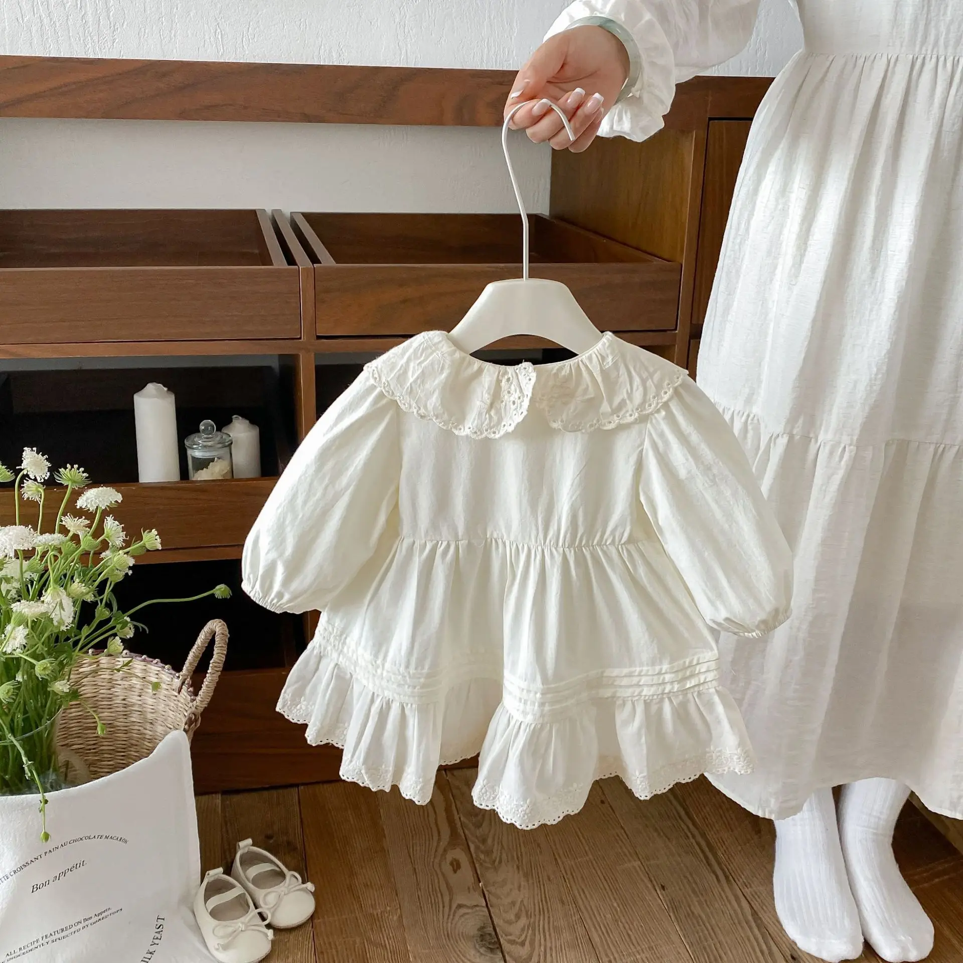 2026 Autumn New Girls Princess Dress Solid Children Long Sleeve Casual Dress Baby Girl Sweet Lace Lapel Dress Kids Clothes