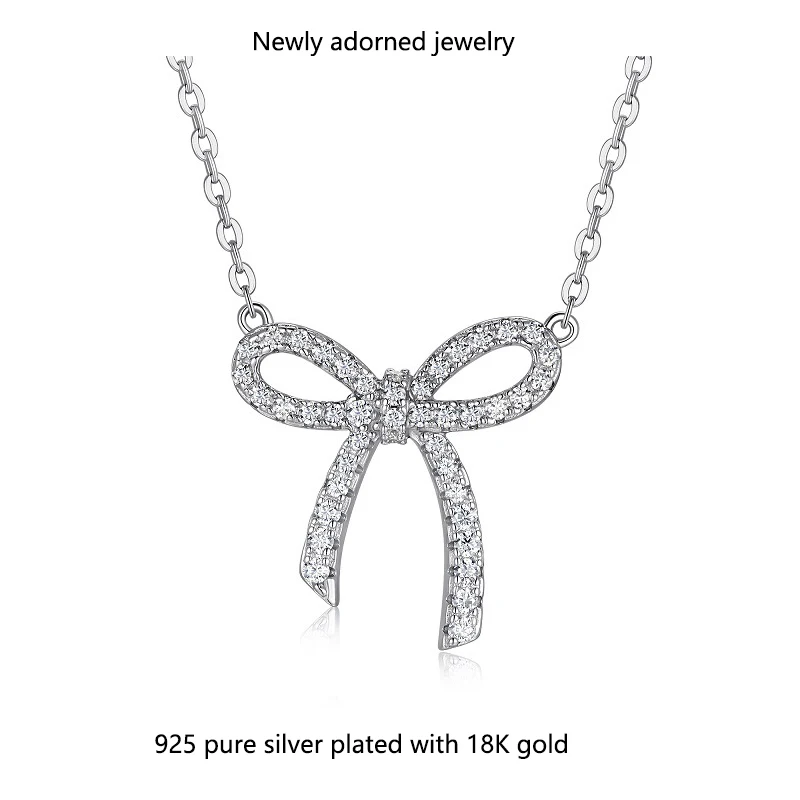 

Cross-border Korean-style S925 sterling silver exquisite bow necklace, Moissanite sweet versatile small design minimalist female