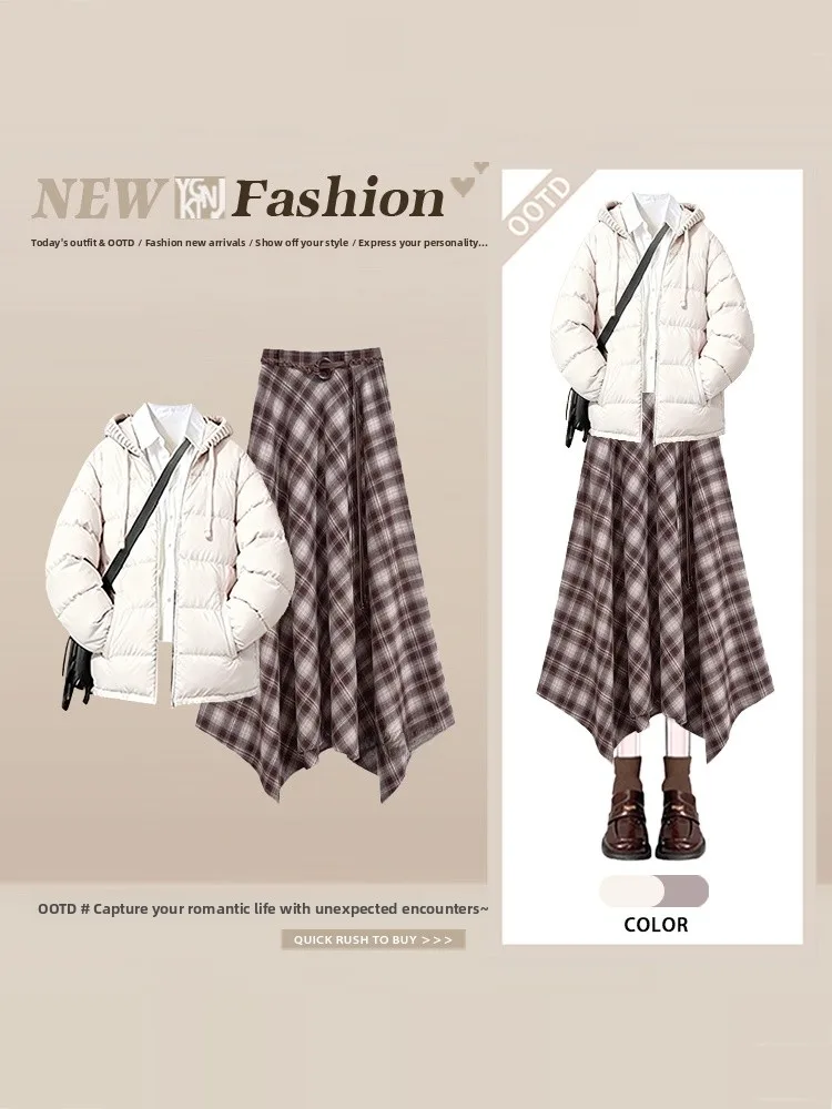 

Korean Light Maturi Sle Warm Cotton Jaet Plaid Asymmetrical Skirt Set Women Autumn Winter Ele Faion Ensemble