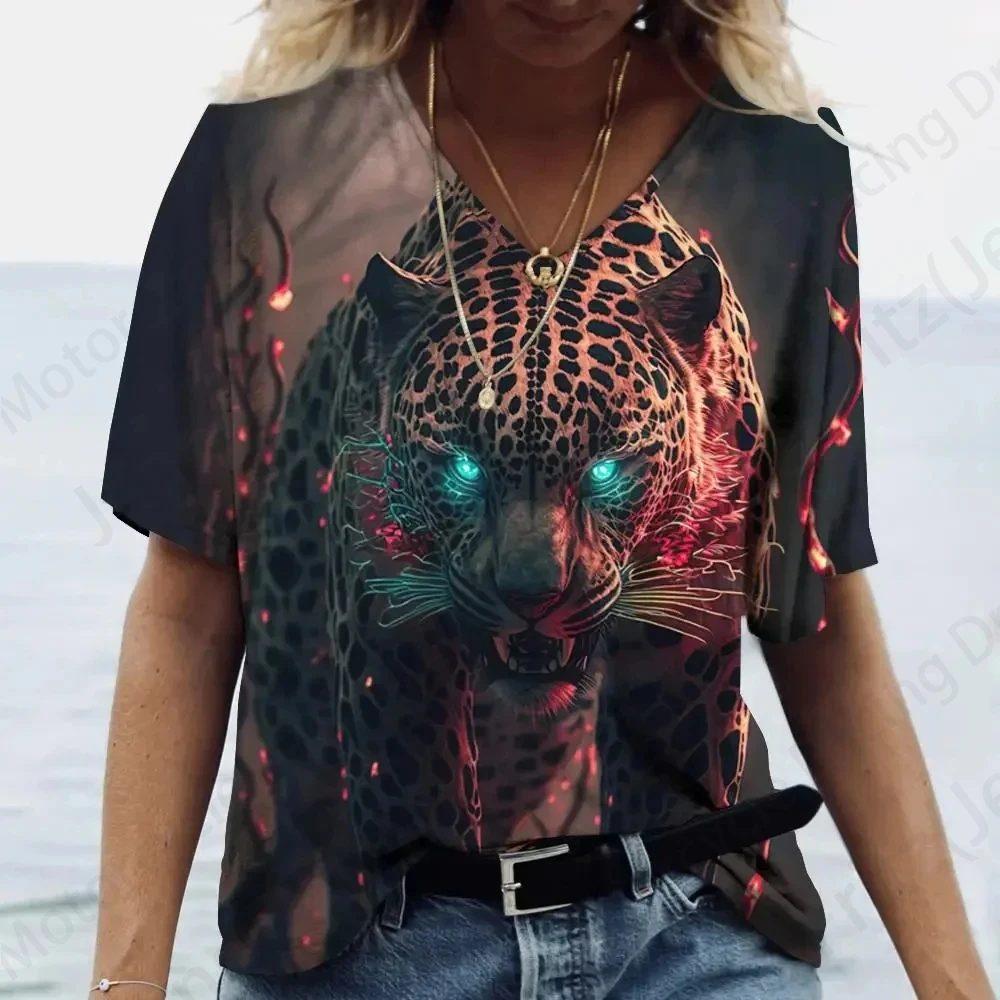 Summer Vintage Women T-shirts 3d Animal Tiger Print Tshirt Women Fashion T-shirt V-Neck Oversized T Shirt Women\'s Clothing Anime