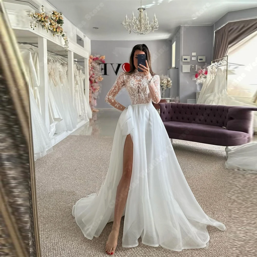 Sexy Ivory Women Bridal Gowns A-Line Long Sleeves Lace Applique Wedding Dresses Newest Formal High-Neck Beach Party Robes 2024