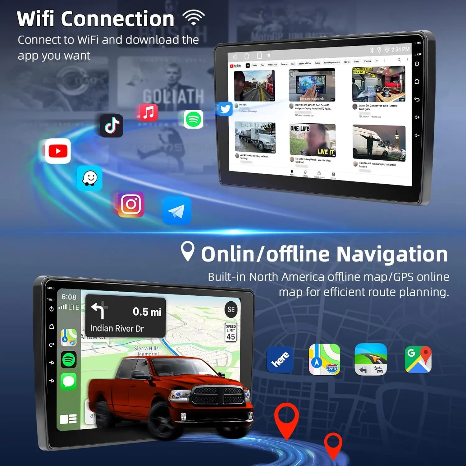 Car Radio Stereo for Dodge RAM 1500 2500 3500 2013-2018, Android 13 2+64G Touch Screen with CarPlay, Android Auto, Bluetooth, GP