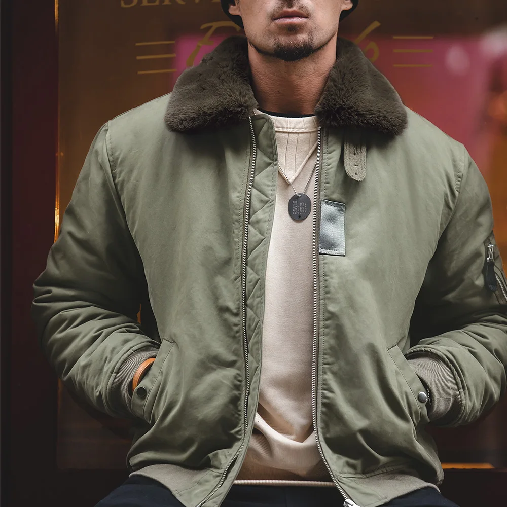 Maden Men's Vintage B-15 Bomber Jacket Green Khaki Faux Rabbit Fur Collar Thick Padded Winter Coat Warm Windproof Zipper Parka