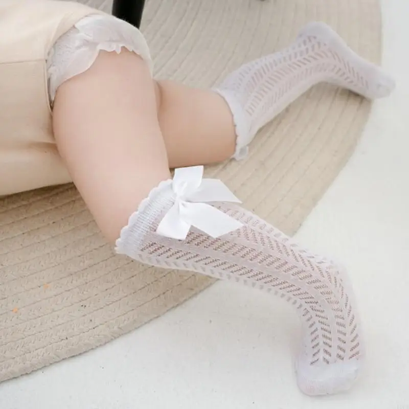 R66D Knee High Length Socks Children's Socks with Hollowed Out Mesh, Baby Bowknot Socks for Daily Outfits