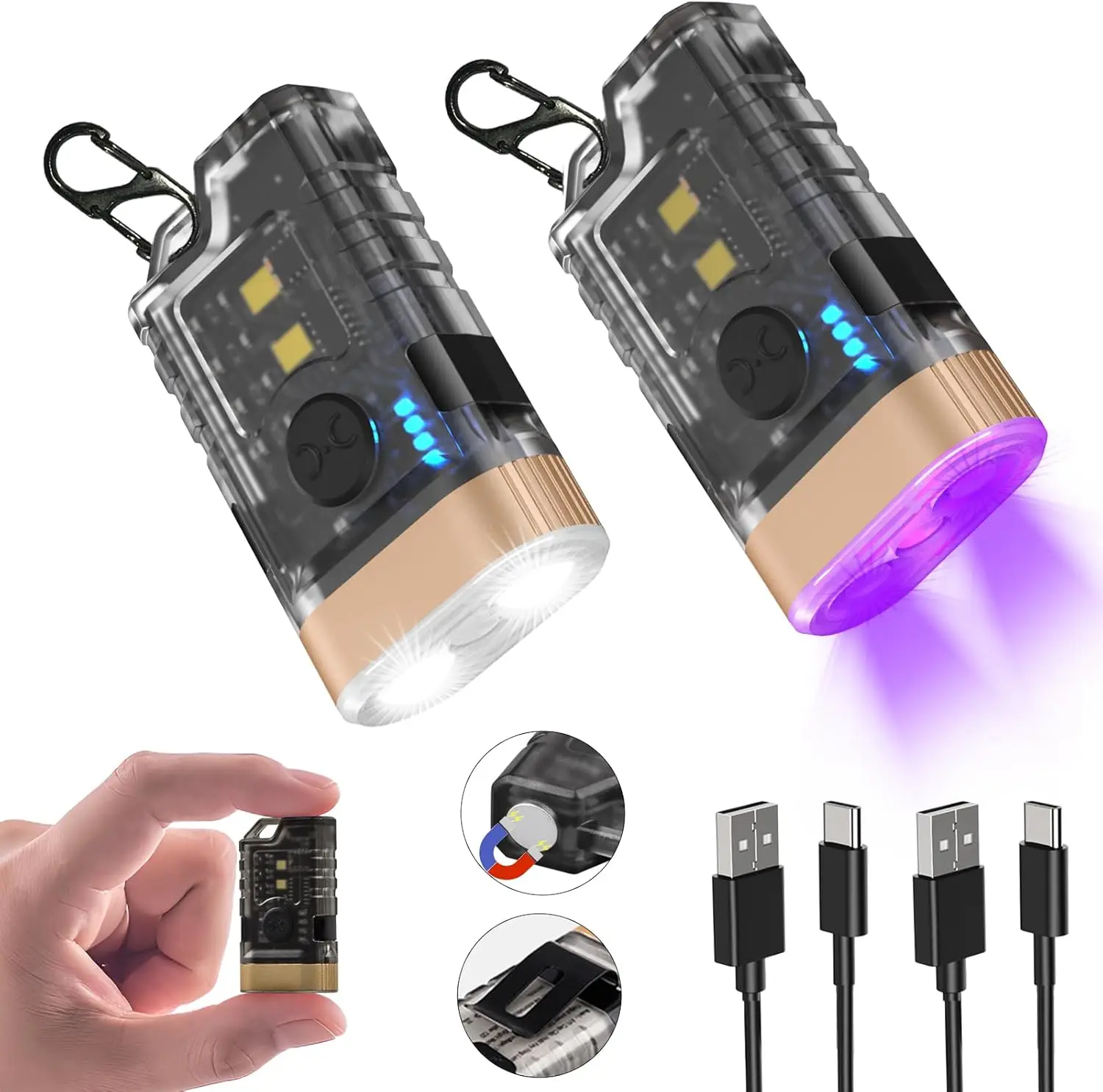 

Светодиодный небольшой мощный фонарик, черный УФ-свет 365 нм, перезаряжаемый мини-брелок-вспышка USB C, 9 режимов, карманные фонарики