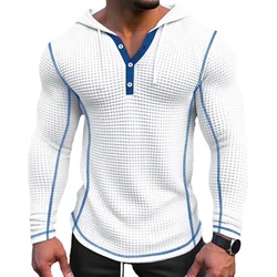 Men Long Sleeve Sweatshirt Men's Slim Fit Waffle Texture Hoodie with Drawstring Soft Badge Decor Slim Fit Solid Color Sweatshirt