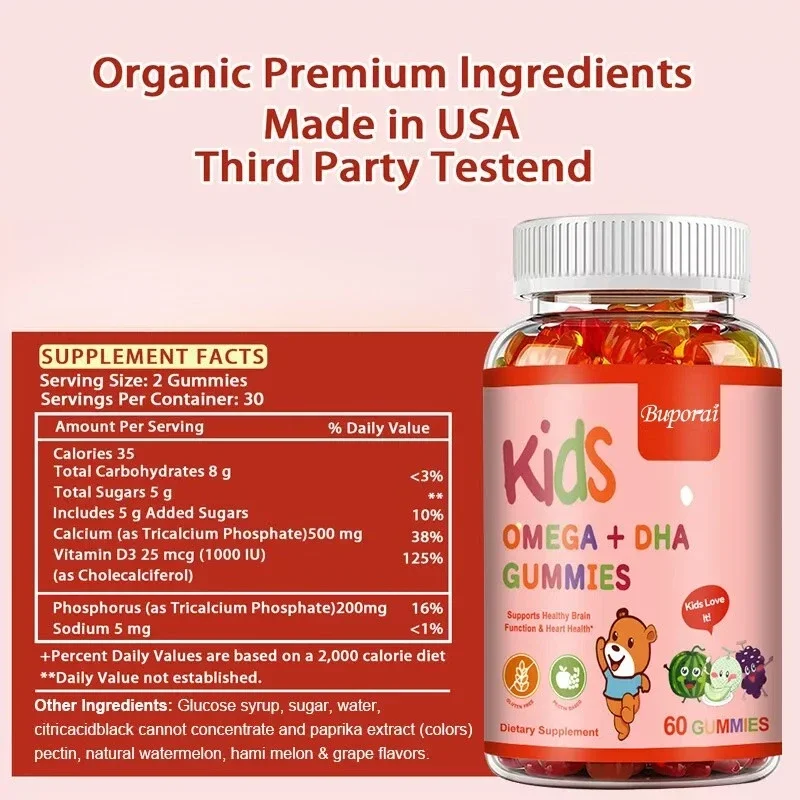 OMEGA + DHA Gummies, with Vitamin D, Calcium for Children, Kids Multivitamin, Support Brain Health, Promate Nutrition, Energy