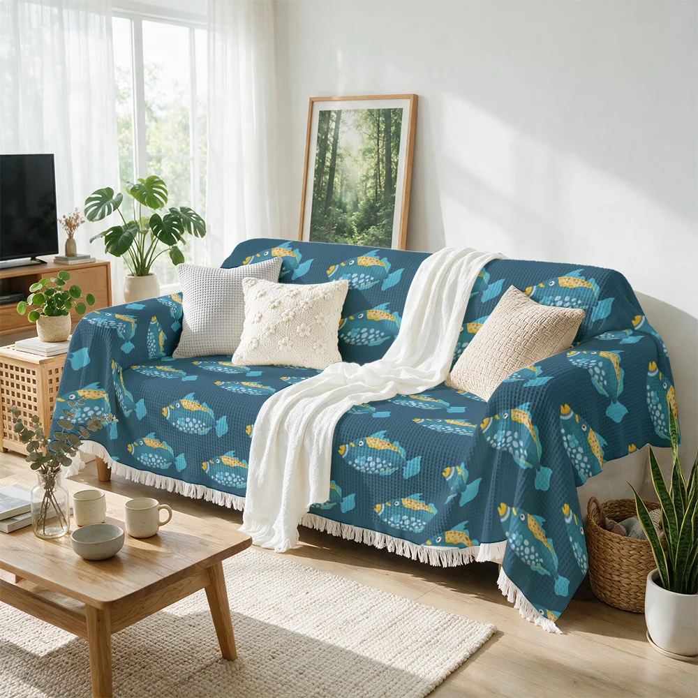 Decorative Sofa Throw Blanket Ocean Fish Print Nautical Coastal Decor Cozy Throw for Couch Living Room Accent Polyester Beach Ho
